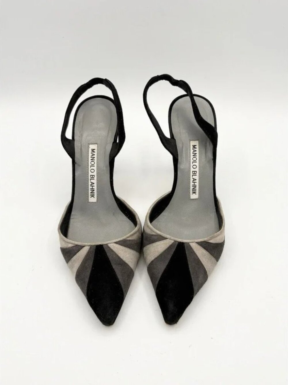 Manolo Blahnik Gray Black Suede Striped Slingback Pointed Toe Pumps EU 35